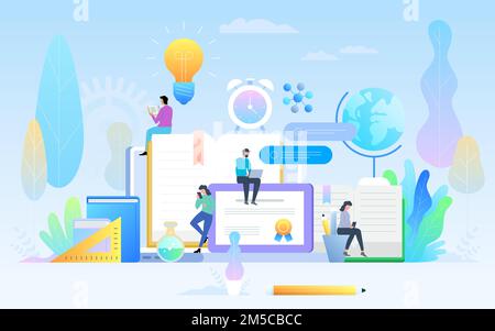 Concept d'e-learning illustration des jeunes utilisant un ordinateur portable et une tablette pc pour l'étude et l'éducation à distance. Les garçons et les jeunes femmes assis sur le bi Illustration de Vecteur