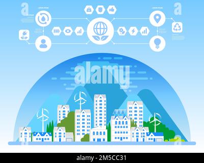 Bannière écoville et architecture durable. Illustration vectorielle. Bâtiments avec panneaux solaires et moulins à vent. Une ville moderne et propre. Enregistrez le Illustration de Vecteur