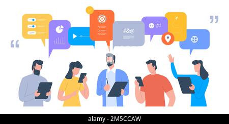 Les hommes d'affaires discutent des réseaux sociaux, des nouvelles, des réseaux sociaux, du chat, des bulles de dialogue. Illustration vectorielle plate Illustration de Vecteur