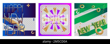 Ensemble d'affiches de luxe à illustrations vectorielles Happy New Year. Résumé élégant modèle d'événement pour site Web, bannière, couverture de livre, présentation. Illustration de Vecteur