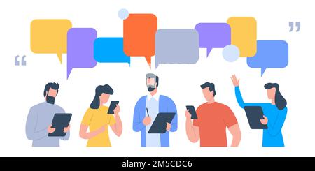 Les hommes d'affaires discutent des réseaux sociaux, des nouvelles, des réseaux sociaux, du chat, des bulles de dialogue. Illustration vectorielle plate Illustration de Vecteur
