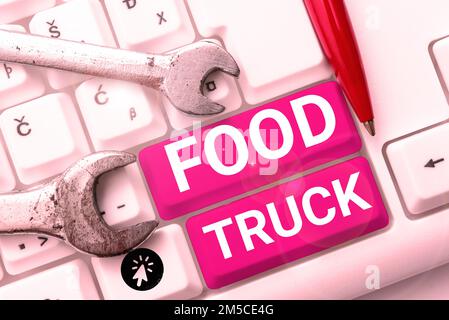 Affiche textuelle indiquant le camion alimentaire. Idée d'affaires un grand véhicule avec des installations pour la cuisine et la vente de nourriture Banque D'Images