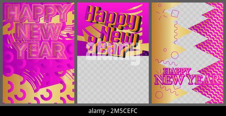 Ensemble d'affiches de luxe à illustrations vectorielles Happy New Year. Résumé élégant modèle d'événement pour site Web, bannière, couverture de livre, présentation. Illustration de Vecteur