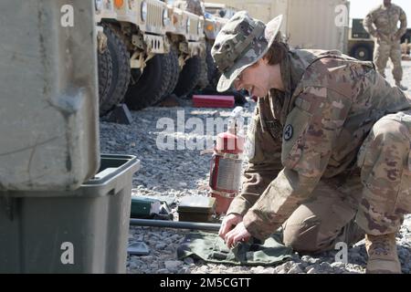 Le Sergent d'état-major Tabatha S. Kearney, un ingénieur technique affecté au Commandement du soutien expéditionnaire de 3rd, encadre les outils lors d'un inventaire au Camp Arifjan (Koweït), le 1 mars 2022. Des soldats “Spears Ready” ont été déployés depuis août 2021 pour doter le poste de commandement opérationnel 1st du Commandement du soutien du théâtre. Banque D'Images