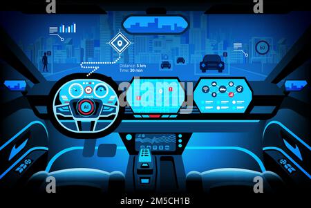 Habitacle automobile, divers moniteurs d'information et écrans de visualisation tête haute. Voiture autonome, voiture sans conducteur, système d'aide au conducteur, ACC(régulateur de vitesse adaptatif C Illustration de Vecteur