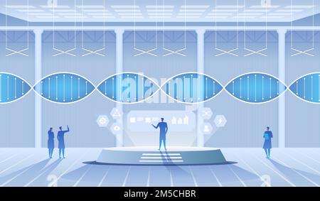 Laboratoire scientifique. Scientifiques homme et femme menant des recherches dans un laboratoire. Molécules d'ADN. Illustration vectorielle Illustration de Vecteur