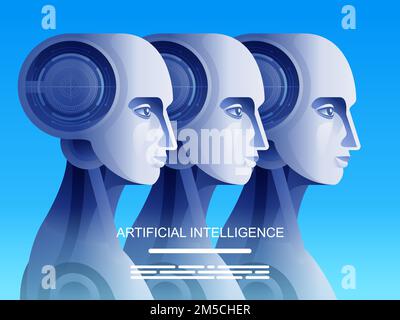 Intelligence artificielle. Futures machines cybernétiques. Armée de robots. Look innovant. Illustration vectorielle. Illustration de Vecteur