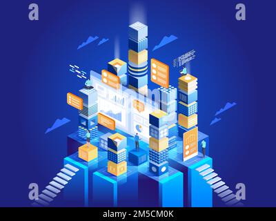 Concept technologique du marketing numérique et du développement d'applications. Personnes qui interagissent avec des graphiques et analysent des statistiques. Visualisation des données. 3d isométrique Illustration de Vecteur