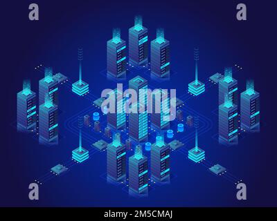 Salle de serveurs virtuels. Objets technologiques abstraits, stockage dans le cloud, mise en réseau de centres de données et Internet. Concept de vecteur isométrique. Illustration de Vecteur
