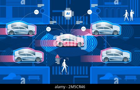 Réseau sans fil du véhicule. Route de la ville avec des voitures autonomes sans conducteur et des personnes marchant dans la rue. Illustration de Vecteur