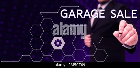 Légende de la présentation de la vente de garage. Internet concept vente de divers articles ménagers souvent détenus dans le garage Banque D'Images