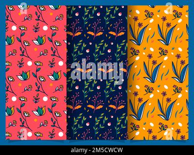 Les ensembles de motifs floraux rose, violet et orange avec un style d'illustration vectoriel dessiné à la main Illustration de Vecteur