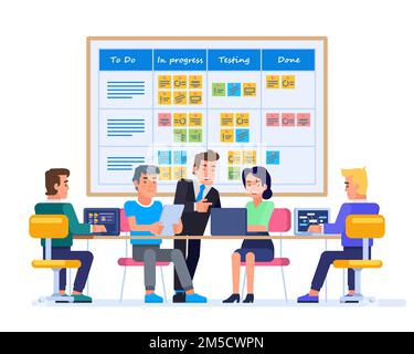 Réunion de planification de la stratégie. Équipe travaillant ensemble sur une grande start-up INFORMATIQUE. Tableau de travail de la mêlée suspendu dans une salle d'équipe pleine de tâches sur le papier adhésif ca Illustration de Vecteur