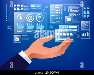 Concept de réalité augmentée. Main d'homme d'affaires avec hologramme virtuel. Illustration vectorielle Illustration de Vecteur