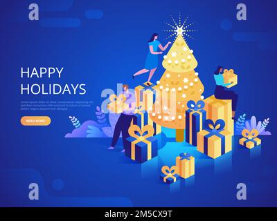 Modèle vectoriel de page d'arrivée des vacances d'hiver. Noël événement célébration site web page d'accueil interface idée avec des illustrations isométriques. Amis Illustration de Vecteur