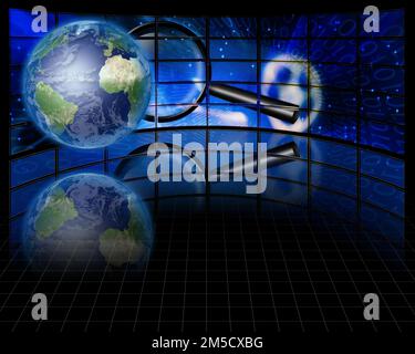 Écrans avec loupe et terre. 3D rendu Banque D'Images
