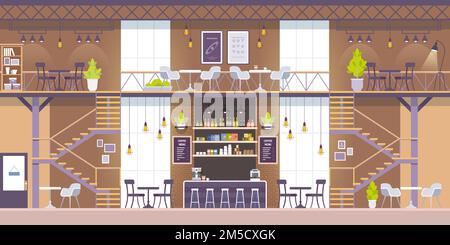 Intérieur moderne du café dans un style loft. Ne vider personne. Illustration vectorielle plate du restaurant Illustration de Vecteur