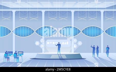 Laboratoire scientifique. Scientifiques homme et femme menant des recherches dans un laboratoire. Molécules d'ADN. Illustration vectorielle Illustration de Vecteur