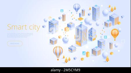 Concept vectoriel isométrique de ville intelligente ou de bâtiment intelligent. Automatisation des bâtiments avec illustration de la mise en réseau informatique. La plate-forme IoT comme technologie de demain Illustration de Vecteur