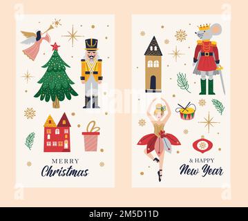 Joyeux Noël, nouvel an avec Nutcracke, Ballerina, Mouse King. Carte de Noël avec trois et jouets. Illustration de Vecteur