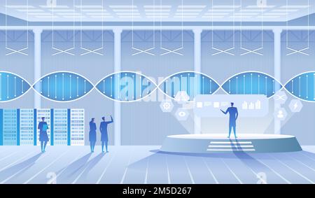 Laboratoire scientifique. Scientifiques homme et femme menant des recherches dans un laboratoire. Molécules d'ADN. Illustration vectorielle Illustration de Vecteur