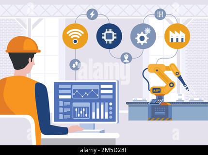 Ingénieur utilisant un ordinateur pour contrôler le bras robotique sur une usine intelligente. Industrie 4,0 concept. Illustration vectorielle Illustration de Vecteur