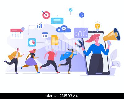 Illustration vectorielle plate du programme de référence. Les gens qui se tournent vers un smartphone, une femme criant en personnages de dessin animé mégaphone. Publicité virale, équipement de bal Illustration de Vecteur