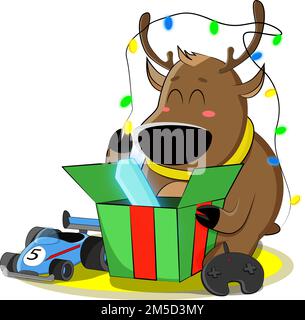 Un cerf mignon a reçu une voiture radiocommandée jouet et un cristal brillant Illustration de Vecteur