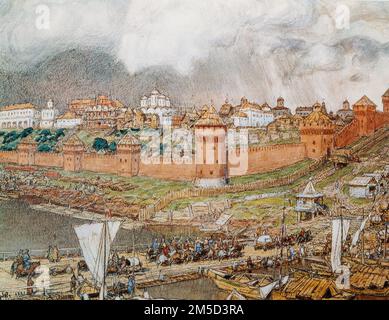 Peinture de l'artiste russe Apollinary Vassetsov. Moscou - vue du Kremlin de Moscou sous Ivan III également connu sous le nom d'Ivan le Grand. Apollinary Vasnetsov était Banque D'Images