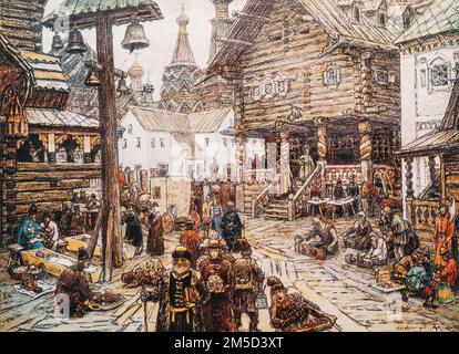 Peinture de l'artiste russe Vassetsov, à la croisée des chemins à Kitay-gorod à Moscou. Apollinary Vassetsov était peintre russe dont la spécialité dans les scènes fro Banque D'Images