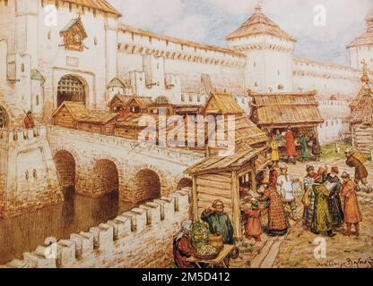 Peinture de l'artiste russe Apollinary Vassetsov, librairies sur le pont Spassky en 17th siècle. Apollinary Vassetsov était peintre russe dont la spécialité Banque D'Images