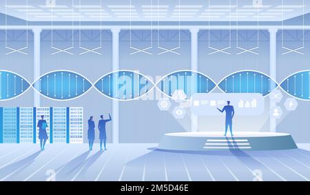 Laboratoire scientifique. Scientifiques homme et femme menant des recherches dans un laboratoire. Molécules d'ADN. Illustration vectorielle Illustration de Vecteur