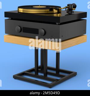 Chaîne hi-Fi avec platine DJ et amplificateur sur support pour Home Cinéma bleu. Banque D'Images