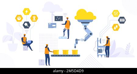 Concept d'illustration vectorielle Smart Industry 4,0. Ligne de production avec concept de travailleurs, d'automatisation et d'interface utilisateur. Utilisateur se connectant avec une tablette et Illustration de Vecteur