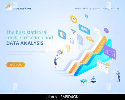 Les meilleurs outils statistiques de recherche et d'analyse de données. Illustration isométrique vectorielle pour la page d'arrivée, la conception Web, la bannière et la présentation. Illustration de Vecteur