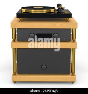 Chaîne hi-Fi avec platine DJ et amplificateur sur support pour Home Cinéma sur blanc. Banque D'Images