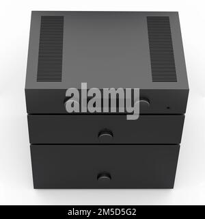 Chaîne hi-Fi avec platine et amplificateur pour Home Cinéma sur fond blanc. Banque D'Images