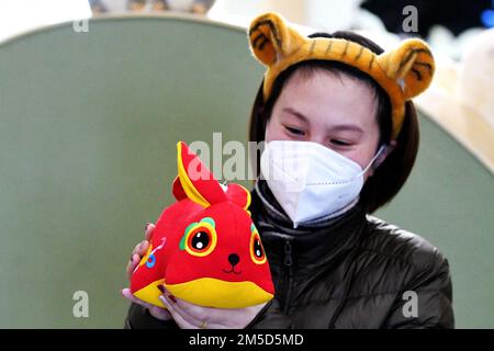 QINGDAO, CHINE - le 26 DÉCEMBRE 2022 - Un membre du personnel présente une marionnette chinoise de lapin zodiaque à Qingdao, province de Shandong, Chine, le 26 décembre 2022. Banque D'Images