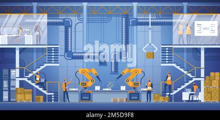 Intérieur d'usine intelligent avec bras robotisés, travailleurs, ingénieurs et gestionnaire. Industrie intelligente 4,0. Illustration vectorielle haute précision Illustration de Vecteur