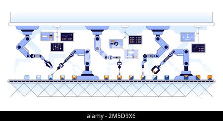 Illustration de la ligne du convoyeur avec les bras du robot plats. Automatisation de la production, concept de révolution industrielle moderne. Technologie de processus d'assemblage intelligent. Futur Illustration de Vecteur