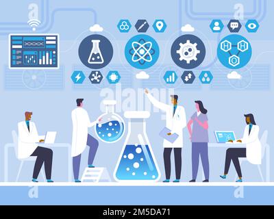 Illustration du vecteur plat du test en laboratoire de chimie. Les médecins et les personnages de dessin animé assistant. Chimiste, profession scientifique. Expérience chimique, réac Illustration de Vecteur