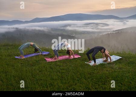 Trois femmes flexibles dans des vêtements de sport faisant des exercices pour s'étirer pendant l'entraînement actif sur l'air frais. Concept de personnes, harmonie et bien-être. Banque D'Images