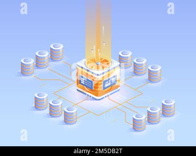 Illustration isométrique abstraite du processeur de l'ordinateur. Microprocesseur, architecture de processeur, unité centrale de traitement. Microchip avec ventilateur et condensateurs. PC h Illustration de Vecteur