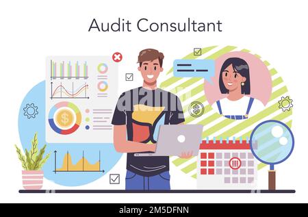 Concept d'auditeur. Spécialiste des opérations commerciales. Gestion financière professionnelle. Inspection et analyse financières. Illustrati de vecteur plat isolé Illustration de Vecteur