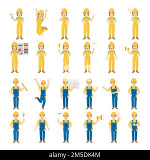 Worker emoji sur fond blanc. Souriant, triste, en colère et plus encore. Tenue jaune et bleue. Illustration de Vecteur