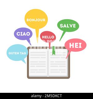 Concept des langues d'apprentissage. Livre avec le mot bonjour sur différentes langues. Illustration de Vecteur