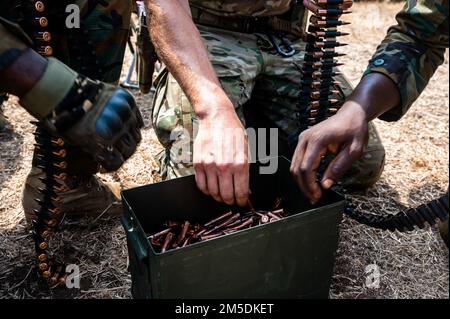 A ÉTATS-UNIS Un soldat de l'armée affecté au groupe des 3rd forces spéciales et des soldats ghanéens affectés au régiment d'infanterie de 64th chargent des munitions dans les ceintures au cours d'un entraînement conjoint d'échange combiné à Bundase, Ghana 4 mars 2022. Les JCETs améliorent les relations américaines avec les pays partenaires en développant et en maintenant des connexions militaires essentielles et en améliorant la préparation et l'interopérabilité conjointes et alliées. Banque D'Images