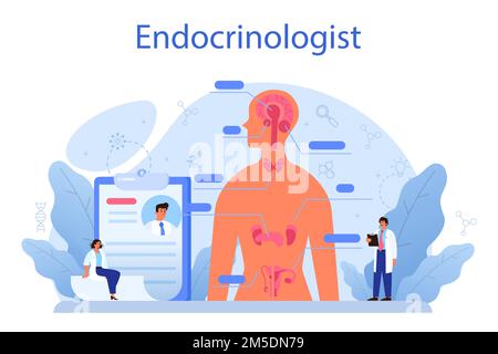 Concept endocrinologue. Examen de la thyroïde. Médecin examiner l'hormone et le glucose. Idée de santé et de traitement médical. Illustrat vectoriel plat isolé Illustration de Vecteur