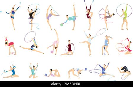 Jeu d'illustrations de gymnastique. Femmes en tenue avec équipement de gymnastique comme balle et bande. Illustration de Vecteur