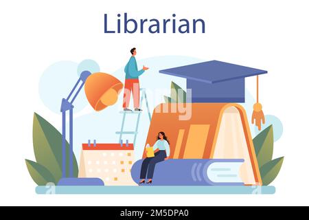 Concept de bibliothécaire. Le personnel de la bibliothèque cataloguant et triant les livres. Idée de connaissance et d'éducation. GUID des étagères de la bibliothèque. Illustration vectorielle isolée Illustration de Vecteur